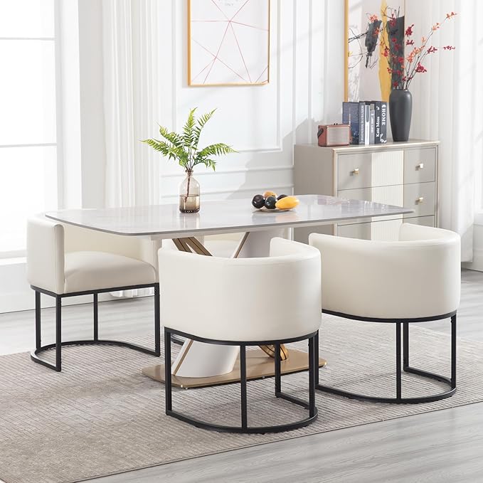 Faux Leather Dining Chairs Set of 3 Modern Barrel Arm Chairs with Black Metal Frame, Upholstered Kitchen Chairs 18.5" Wide Accent Chairs for Living Room Dining Room Restaurant, White