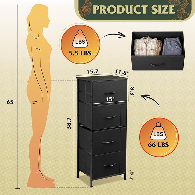 WLIVE Dresser with 4 Drawers, Fabric Storage Tower, Organizer Unit for Bedroom, Hallway, Entryway, Closets, Sturdy Steel Frame, Wood Top, Easy Pull Handle, Charcoal Black