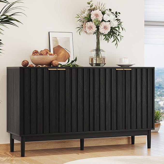 Fluted Cabinet with Storage, Small Buffet Cabinet Sideborad with Door, Kitchen Buffet Storage Accent Cabinets with Adjustable Shelves for Living Room, Entry, Hallway,Black