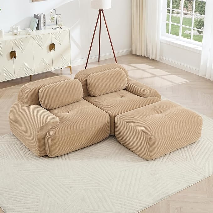 Camel Ottoman for Modular Sectional Sofa, Corduroy Deep Seat for Oversized Compressed Boneless Sectional Couches for Living Room Bedroom Apartment, Cloud Sofa Couch, Memory Foam, No Assembly