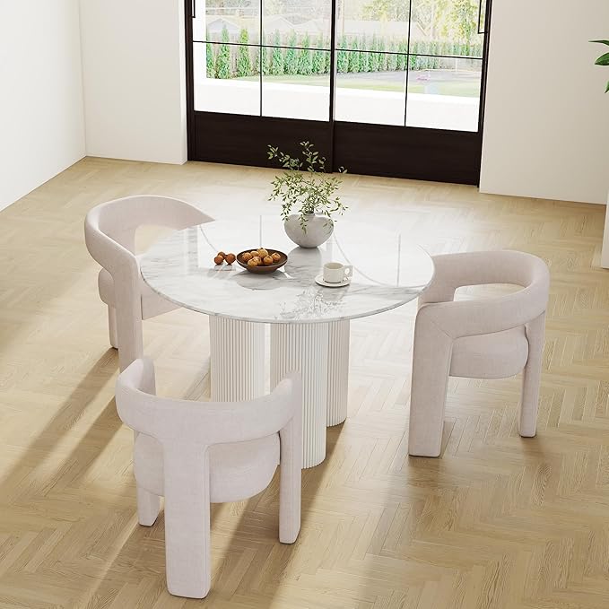 Modern Barrel Dining Chairs Set of 3, Linen Upholstered Accent Side Chair with Arms Comfy Makeup Vanity Chairs, Dining Living Room Kitchen Chairs, Beige