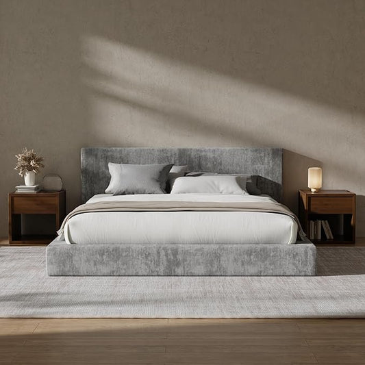 RECCI Cloud Upholstered King Bed Frame with Headboard, 5 Inch Foam Padded Platform, No Box Spring, Easy Assembly (Moon)
