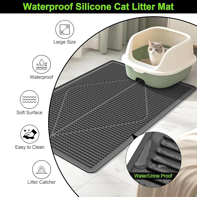 Mofason Rubber Large Cat Litter Mat - Kitty Litter Box mat - Silicone Litter Trapping Catcher Mat - Cat Supplies & Accessories for Indoor Cats (28" x 20") - Black