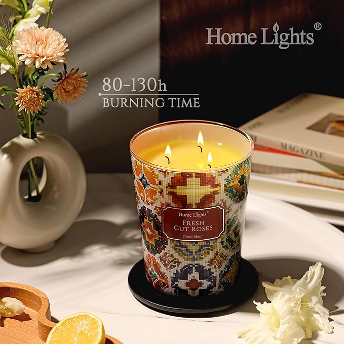 HomeLights 3-Wick Candles for Home Scented - 34oz Soy Wax Blend Candle Long-Lasting Fragrance, Bohemian Natural Textures Home Decor and Housewarming Gifts, Fresh Cut Roses
