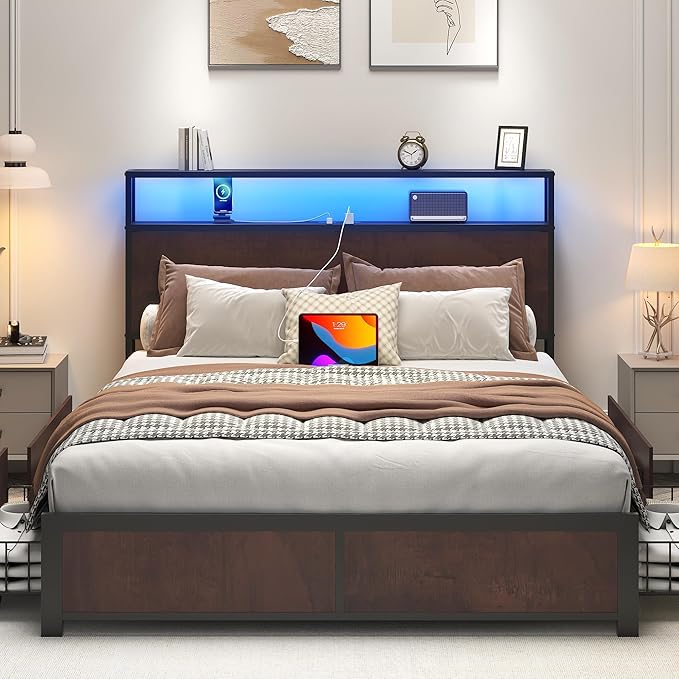 Lifezone Full Bed Frame with 2-Tier Storage Headboard, Metal Platform Bed Frame with 4 Storage Drawers, Built in Charging Station & LED, Noise-Free/Metal Support/No Box Spring Needed, Coffee Brown