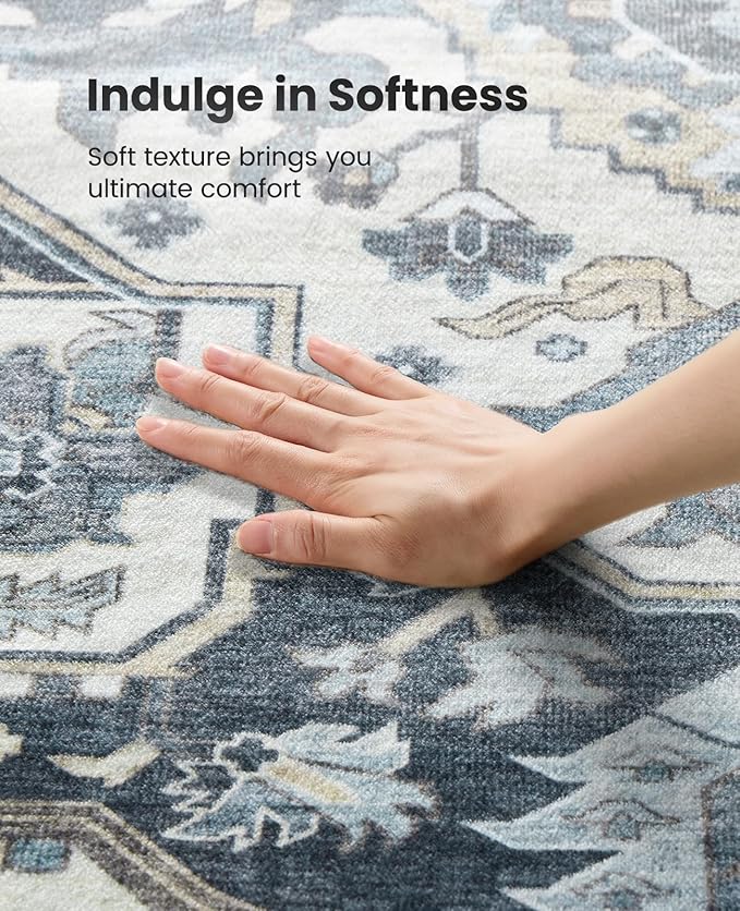 AMADA HOMEFURNISHING 8x10 Area Rug, Washable Low-Profile Large Area Rug with Non-Slip Backing & Durable Edge Binding, Vintage Large Rugs for Living Room, Bedroom