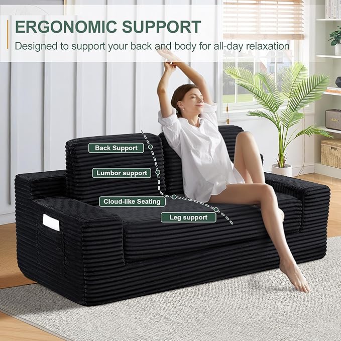 70" Cloud Loveseat Sofa Couch in a Box, 2 Seater Boneless Couch, Convertible Pull Out Sofa Bed with Pillows, No Assembly, Memory Foam, Modern Small Couches for Small Spaces (Black-Folding)