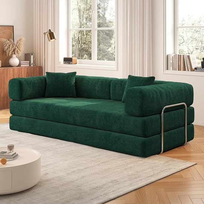 Antetek Convertible Futon Sofa Bed, 3-Seater Modern Corduroy Foam Floor King Size Bed Fold Out Sleeper Lounge Loveseat Sofa Couch with 2 Throw Pillows for Living Room Bedroom Guest Room, Turquoise