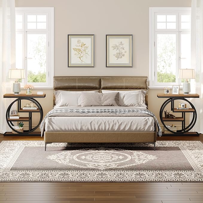 Tribesigns End Table Set of 2, 4-Tier Narrow Side Table with Storage Shelves, Wood Small Sofa Side Table with Geometric Metal Frame, Industrial Bedside Table for Bedroom, Living Room, Natural Brown