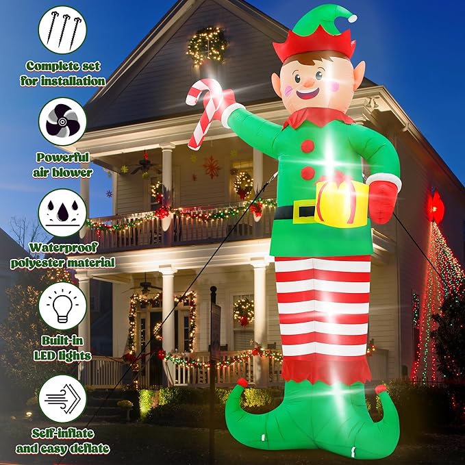 Christmas Inflatables, Giant 15 FT Christmas Elf Inflatable Outdoor Decoration, Blow Up Xmas Elf Holding Box, LED Lighted Holiday Yard Decorations for Lawn Garden Home Party Xmas Winter Decor