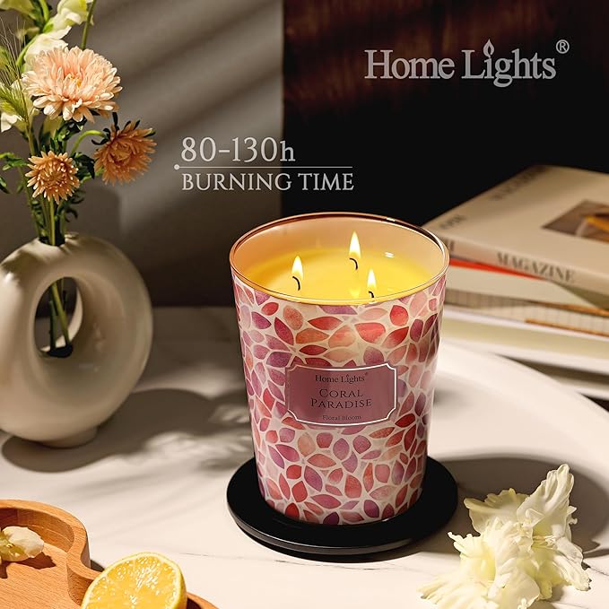 HomeLights Coral Paradise Scented Candles | 34oz Soy Candles Bohemian Natural Textures 3-Wick Large Candle Jars | Ideal Candle Gifts for Events, Home Decor Stress, Relief & Relaxation