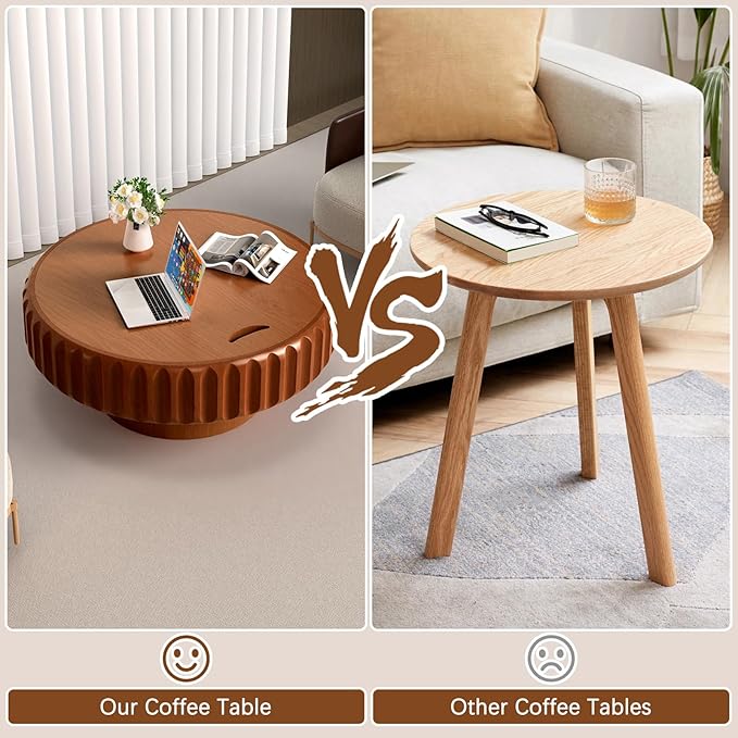 Round Coffee Table with Storage for Living Room, Handcraft Fluted Drum Coffee Table Modern Circle Wooden Coffee Table Cocktail Table for Home Office Apartment (Brown 31.5")