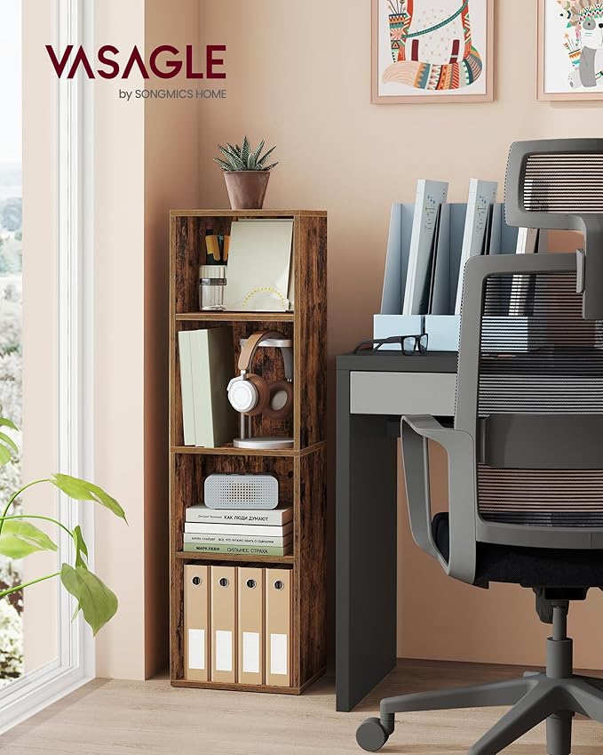 VASAGLE Custos Collection - Bookshelf, 4-Tier Bookcase, Book Shelf, Open Storage Shelf, 9.4 x 11.8 x 41.7 Inches, for Living Room, Home Office, Dining Room, Rustic Brown ULBC434K01