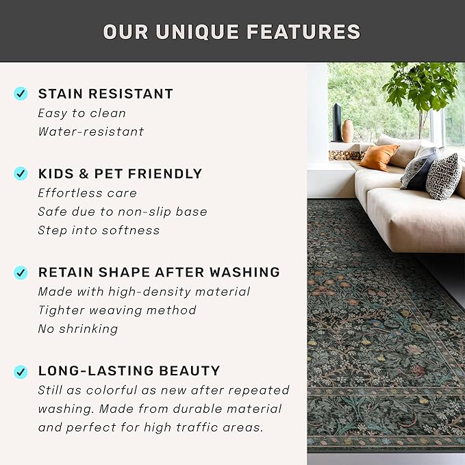 Washable Dark Green 2x10 Runner Rug for Hallway, Kitchen, 10 ft Non Slip Stain Resistant Extra Long Soft Rugs, Vintage Floral Unique Botanical Floor Mat