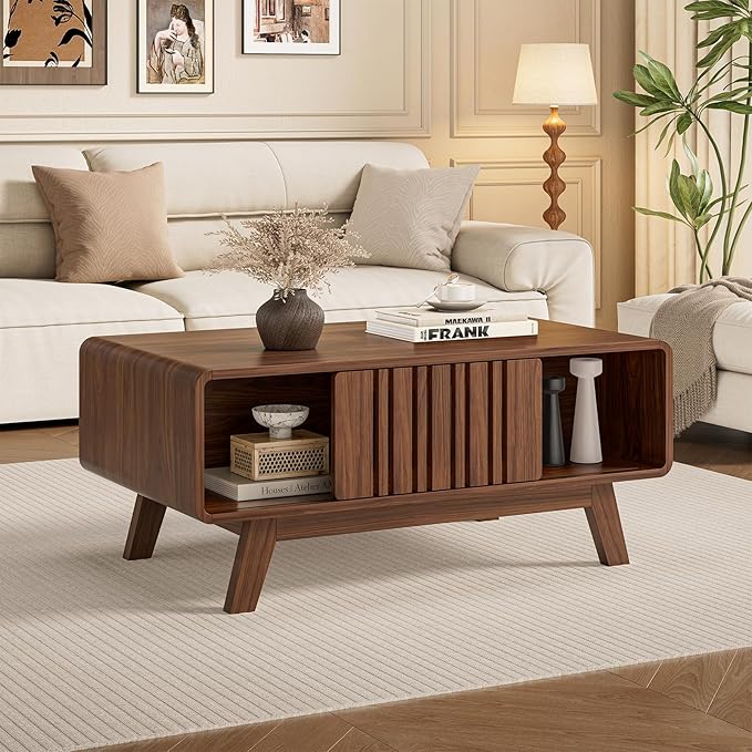 ONBRILL Coffee Table, Mid Century Modern Table with Storage Compartment, Fluted Table with Sliding Cabinet Door, Farmhouse Wood Coffee Table for Living Room (Walnut)