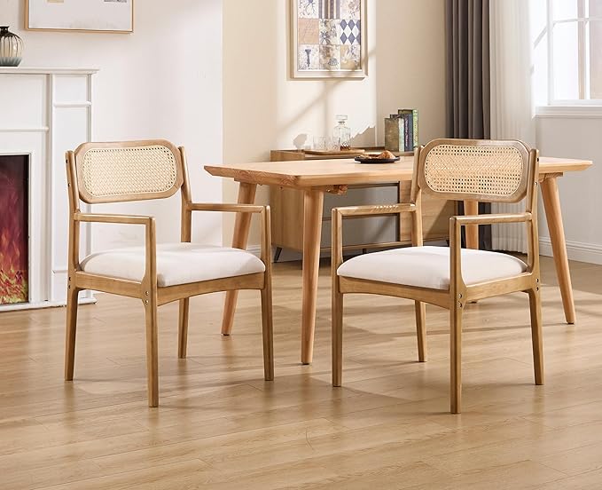 EALSON Rattan Dining Chairs with Arms Set of 2 Mid Century Dining Room Chairs with Wood Legs Linen Upholstered Kitchen Chairs Farmhouse Cane Back Arm Chairs for Living Room, Beige, Light Natural