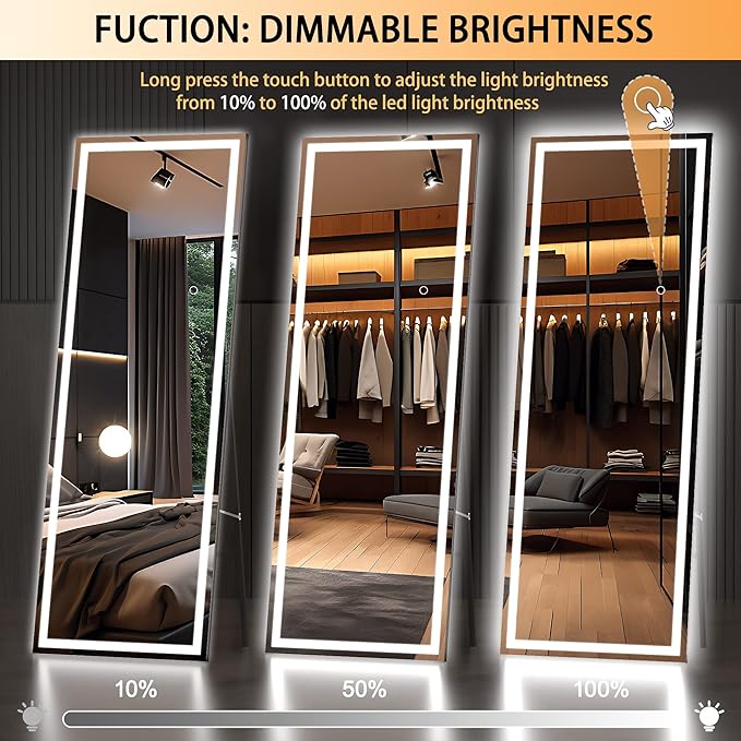 Hasipu Full Length Mirror with Lights, 67" x 24" LED Lighted Floor Standing, Full Body Dressing Hanging Mounted Mirror, Dimmable, Tempered Glass, Safe to Use, Square Black