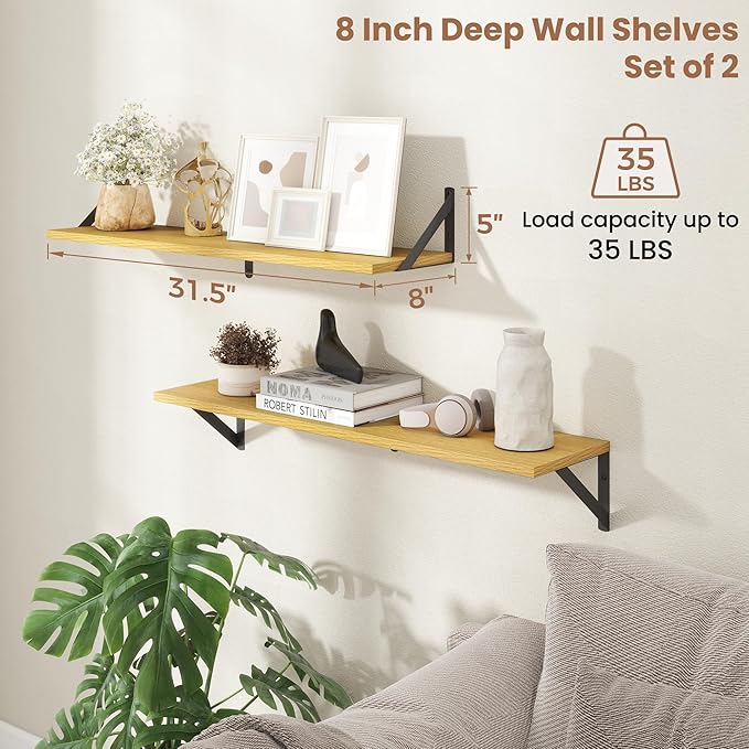 Axeman 32 Inch Floating Shelves | 8 Inch Deep Oak Wall Shelves Set of 2 | 31.5W x 8D Rustic Wood Shelves for Bookshelf Living Room Bedroom Home Office Bathroom