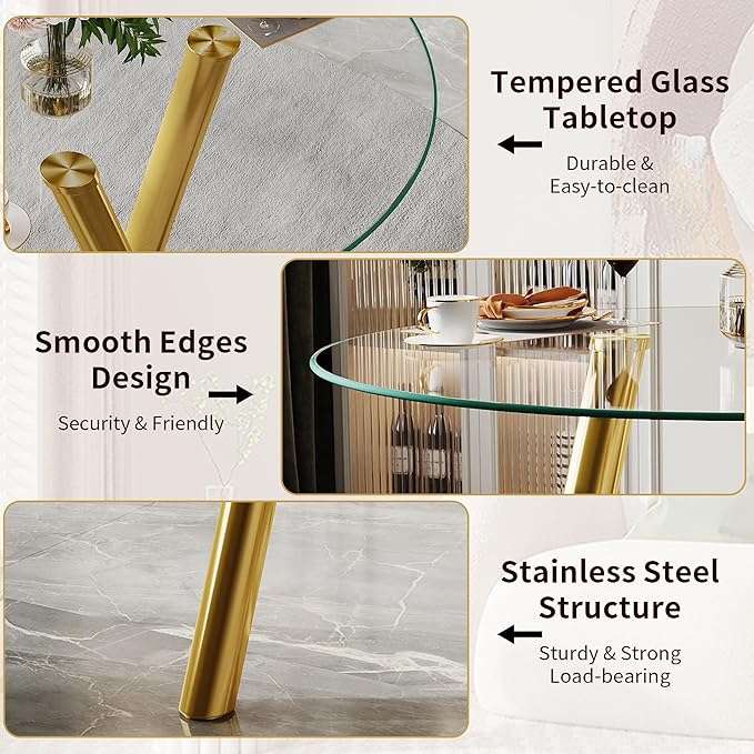 35" Round Dining Table for 4, Modern Round Glass Dining Table with Gold Metal Legs, Round Kitchen Table for Dining Room Home Office Small Spaces