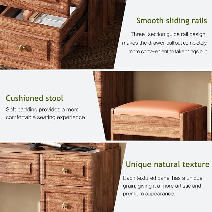 43" Makeup Vanity Desk with Mirror and Lights, & Power Outl, Glass Top Big Vanity Table with 9 Drawers& 8 Storage Shelves, Dressing Table Set with Chair for Bedroom, Brown