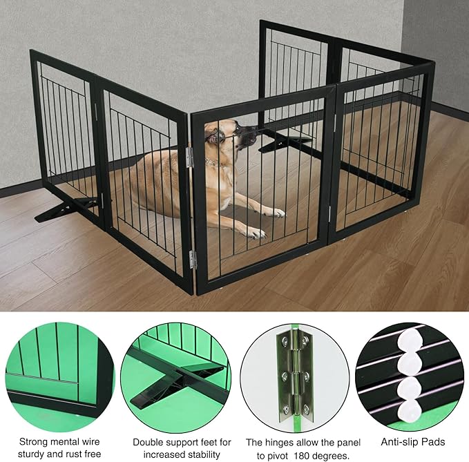ZJSF Freestanding Dog Gate Indoor, Foldable Dog Fence for Doorways,Hallways or Stairs, Sturdy Wood Extra Wide Pet Gate with Support Feet,Black,32 "Height-6 Panels