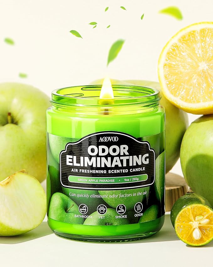 AOOVOO Green Apple Odor Eliminating Highly Fragranced Candle - Eliminates 95% of Pet, Smoke, Food, and Other Smells Quickly, Air Freshing Soy Candle, 9 oz Up to 50 Hours Burn time