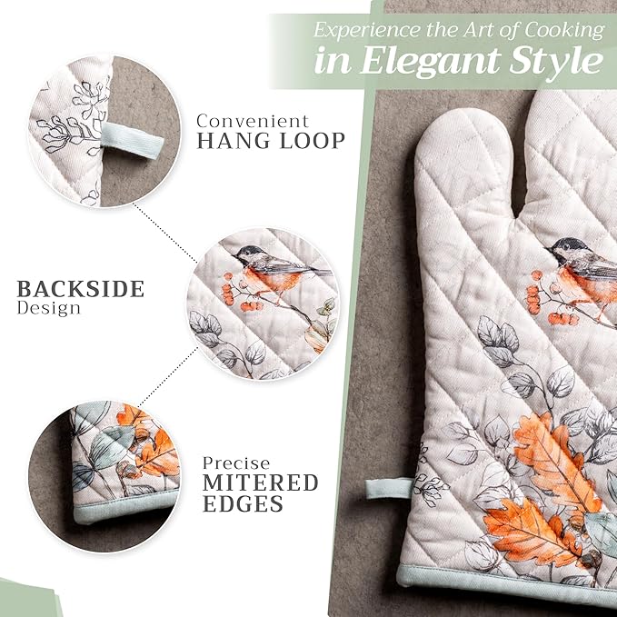 Maison d' Hermine 100% Cotton Oven Mitt & Pot Holder Set (7.5"x13" & 8"x8") Heat Resistant BBQ Cooking Gloves with Loop for Thanksgiving Christmas Decorations Handling Hot Pans (Whitish Shabby Chique)