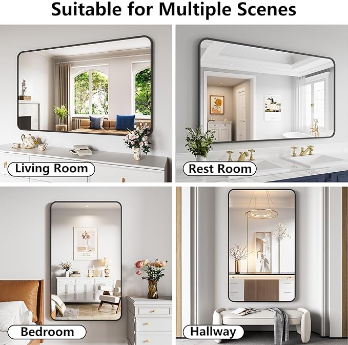 Koonmi Bathroom Mirror, 36X60 Brushed Black Metal Framed Wall-Mounted Mirror for Over Sink, HD Tempered Glass, Anti-Rust, Rounded Rectangle Mirror for Restroom, Bedroom, Hangs Horizontal or Vertical
