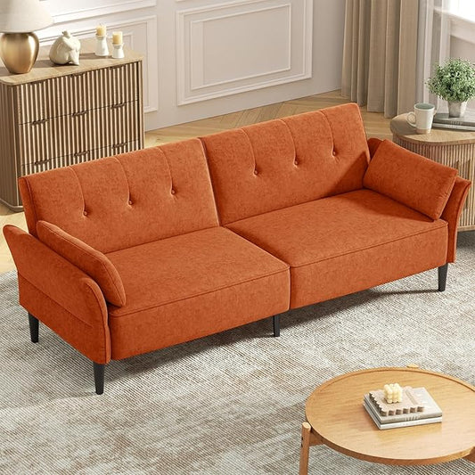 89” Futon Sofa Bed, Comfy Futon Couch Bed with 2 Square Pillows, Convertible Sleeper Sofa with Adjustable Backrest&Armrests, Modern Loveseat Sleeper for Living Room,Velvet Fabric,Burnt Orange
