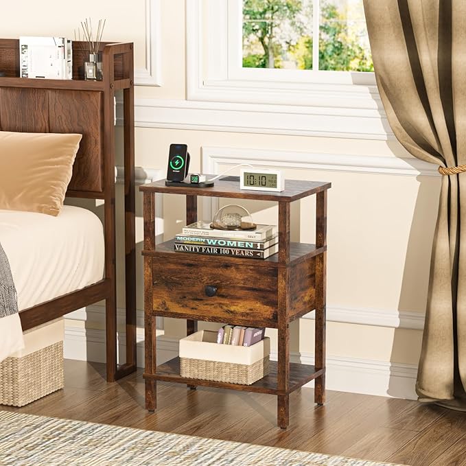Lerliuo Nightstand Set of 2 with Charging Station and USB Ports, 3-Tier Storage End Table with Drawer Shelf, Night Stand for Small Spaces, Wood Bedside Table for Living Room, Bedroom-Brown