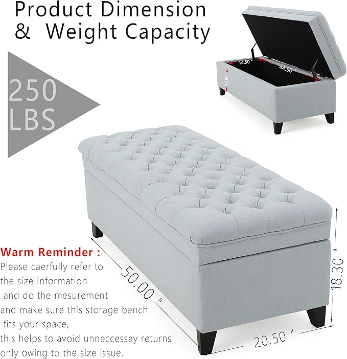 Setawix Linen Storage Benches, 50" Bed End Bench with Storage, Tufted Light Blue Ottoman Bench for Living Room, Rectangle Entryway Benches with Storage and Seating (Light Blue)