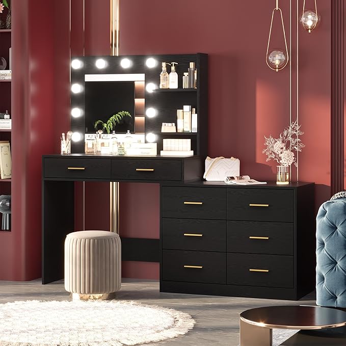 61" Vanity Desk with Mirror & Lights, White Makeup Dressing Table with 8 Drawers & 2 Shelves, 3 Lighting Modes with Adjustable Brightness for Bedroom, Black