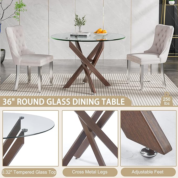 36" Round Dining Table for 4, Modern Clear Glass Kitchen Table for 4 with Walnut X Metal Legs, Contemporary Small Circle Dining Room Leisure Tables for Kitchen Apartment