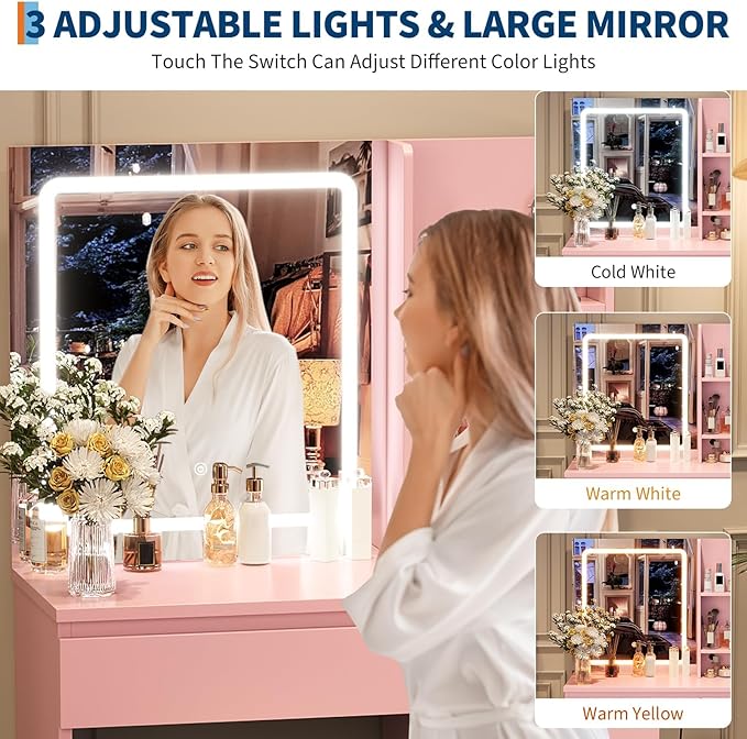 GarveeHome Vanity Desk with Mirror and Lights - Modern Makeup Dressing Table with Outlets, Storage Stool, 4 Drawers & Hair Dryer Holder - 3 Colors LED Vanity Mirror, Vanities for Bedroom, Pink