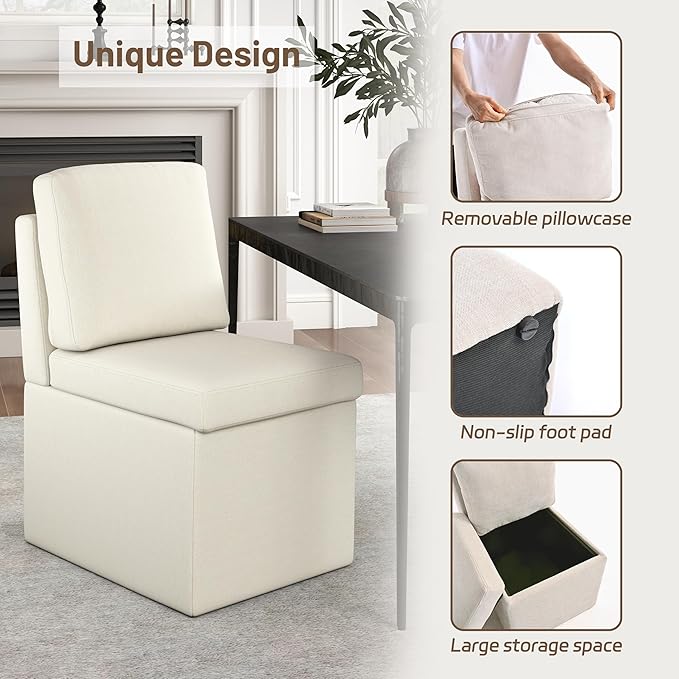 VKNOW Upholstered Dining Chairs Set of 4, Modern Kitchen Chairs with Storage, Linen Armchair Dinner Chair for Kitchen Dining Room Office Bedroom, Beige