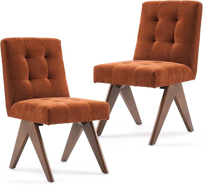 Rowill Modern Upholstered Dining Chairs Parsons Chair Linen Fabric Kitchen Chairs Tufted Armless Dining Room Chairs with Wood Legs Set of 2, Burnt Orange