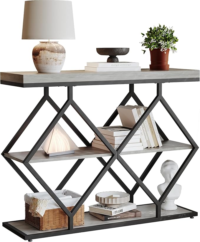 Garvee 3-Tier Entryway Table, Industrial Console Sofa Table with Storage, Accent Table with Open Shelves, Diamond-Shaped Metal Frame, Foyer Table for Entryway, Hallway, Gray
