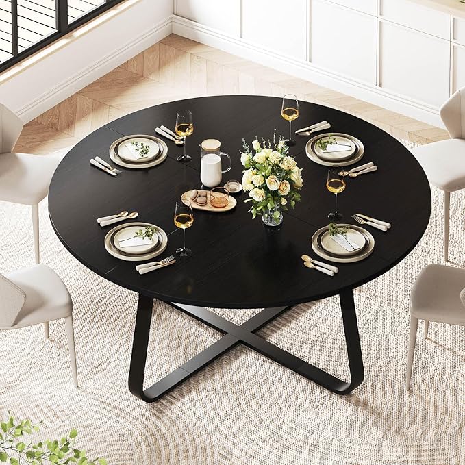 LVB Black Round Dining Table for 6 to 8, 60” Modern Wood Metal Kitchen Table, Industrial Large Dinner Room Table, Circle Dining Table for Home Gathering Living Room