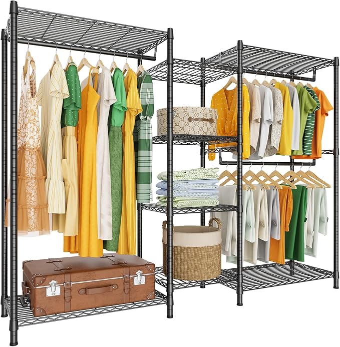 LEHOM G6 Wire Garment Rack Heavy Duty Clothes Rack Compact Size Armoire Storage Rack Freestanding Metal Clothing Closet Wardrobe with 3 Hanger Rod and 4 Large Shelves 4 Small Shelves, Black