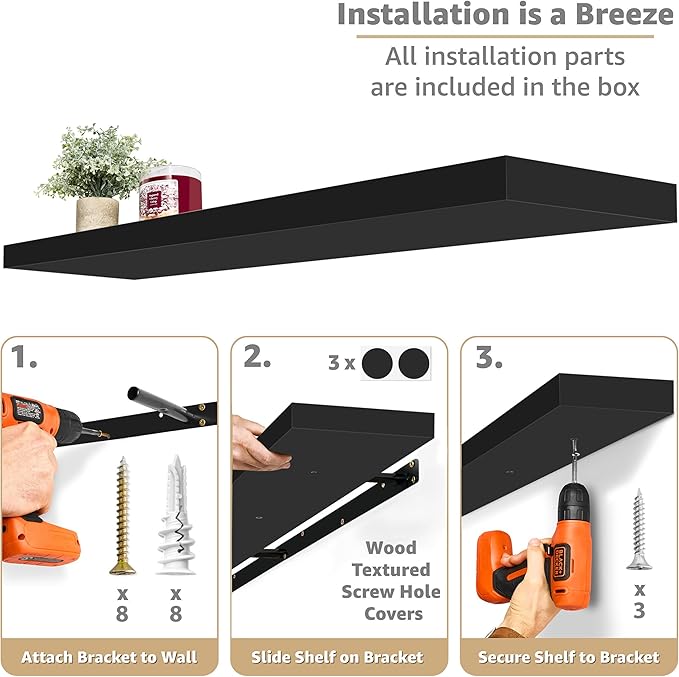 Sorbus Floating Shelves for Wall - 55 Inch Extra-Long Bathroom Shelves, Wall Decor for Bedroom, Kitchen, Living Room, Book Storage - Mounted Floating Shelf with Hidden Brackets (Black, 3 Pack)