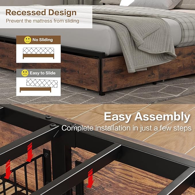 King Size Bed Frame with LED Headboard & Charging Ports, Rustic Wood Platform King Bed Frame with 6 Storage Drawers and Display Shelf, Heavy-Duty Metal Frame, No Box Spring Needed, Brown