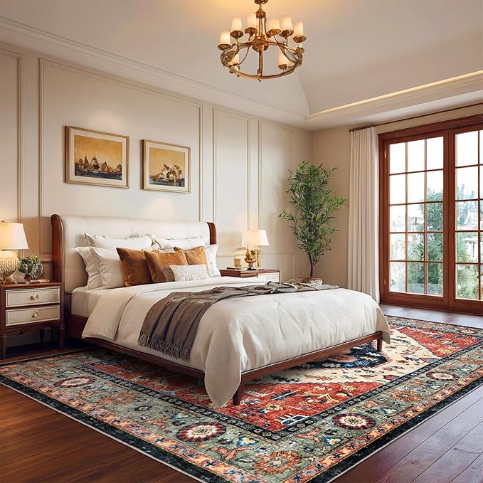 Washable Living Room Area Rugs - 9x12 Large Soft Machine Washable Non-Slip Low Pile Area Rugs, Vintage Oriental Neutral Carpet for Bedroom Dining Room Dorm Office Decor Red/Beige