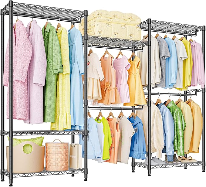 Heavy Duty Rolling Garment Rack 3 Tiers Adjustable Wire Shelving Clothes Rack with Rods Storage Closet Clothing Rack Black 15.7" D x 70.8" W x 76.5" H