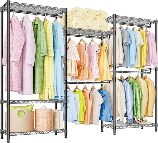 Heavy Duty Rolling Garment Rack 3 Tiers Adjustable Wire Shelving Clothes Rack with Rods Storage Closet Clothing Rack Black 15.7" D x 70.8" W x 76.5" H