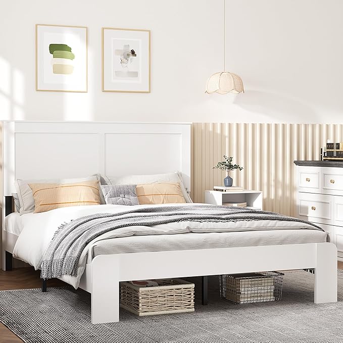 Queen Size Bed Frame, Vintage Platform Bed Frame with Wood Headboard and Footboard, 12 Wood Slats Support, No Box Spring Needed (White)