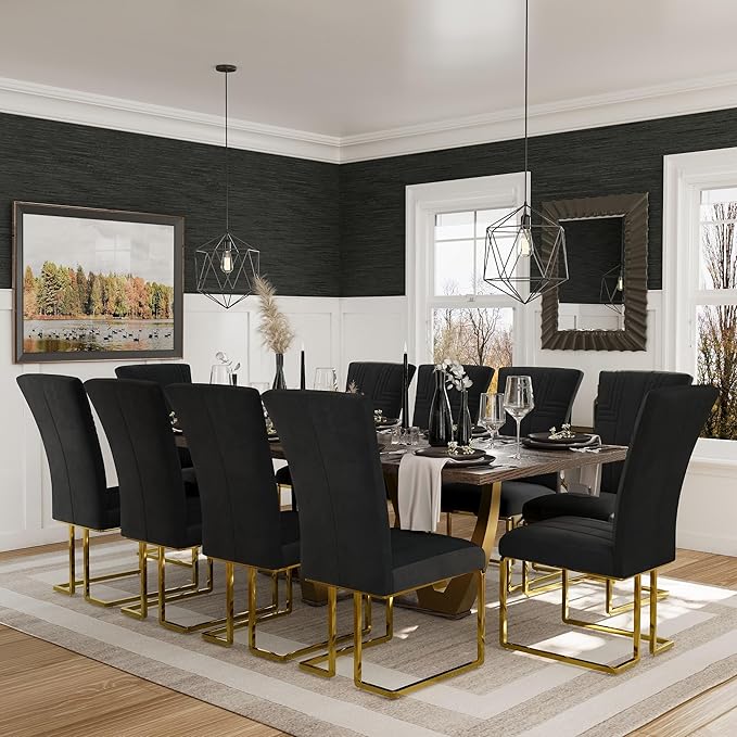 AUZ Dining Chairs Set of 4, Modern Luxury Black Velvet Upholstered Dining Chairs with High Back Design, Polished Gold Stainless Steel Sled Legs
