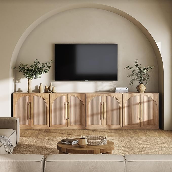 BELLEZE Set of 4 Modular Sideboard with Double-Arc Wood Doors, Small Arched Buffet Cabinet with Storage and Adjustable Shelves, Classic Modern Credenza for Dining Room, Living Room or Entryway(Camel)