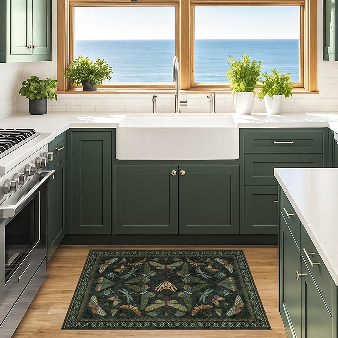 2x4 Entry Way Rugs Indoor - Dark Green Putdoor Rug for Kitchen, Bathroom, Insect Boho Design, Washable Non Slip Stain Resistant