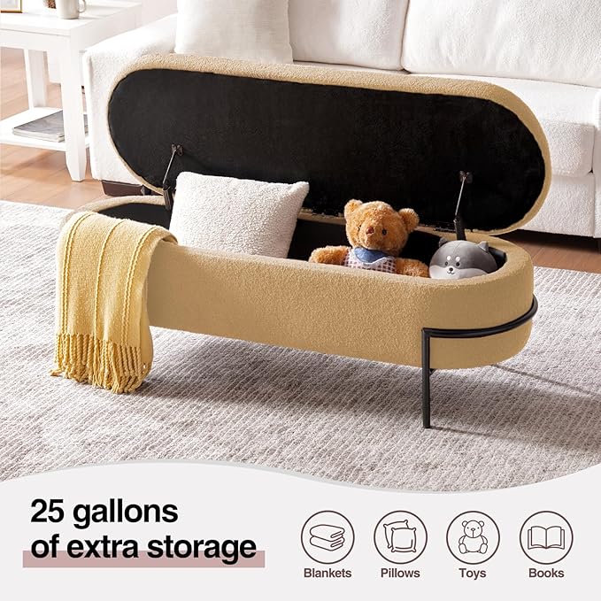 Sherpa Storage Ottoman Bench for Bedroom, Beige End of Bed Bench with Storage, Upholstered Boucle Storage Bench with Metal Stand and Hinges, Oval Ottoman for Living Room, 45 Inch