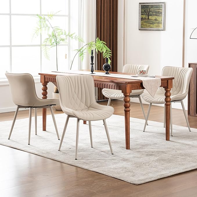 YOUTASTE Cream Dining Chairs Set of 2, Mid Century Modern Comfy Kitchen Chair, Upholstered Faux Leather, Cream Metal Legs, Armless Accent Chairs for Bedroom Vanity Lounge
